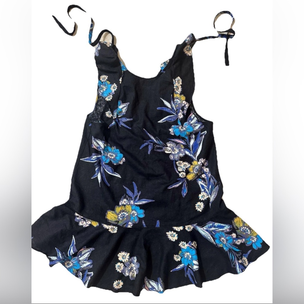 Free People Mini Dress L Black Floral Ruffled Drop Waist Tie Back Cottage Boho